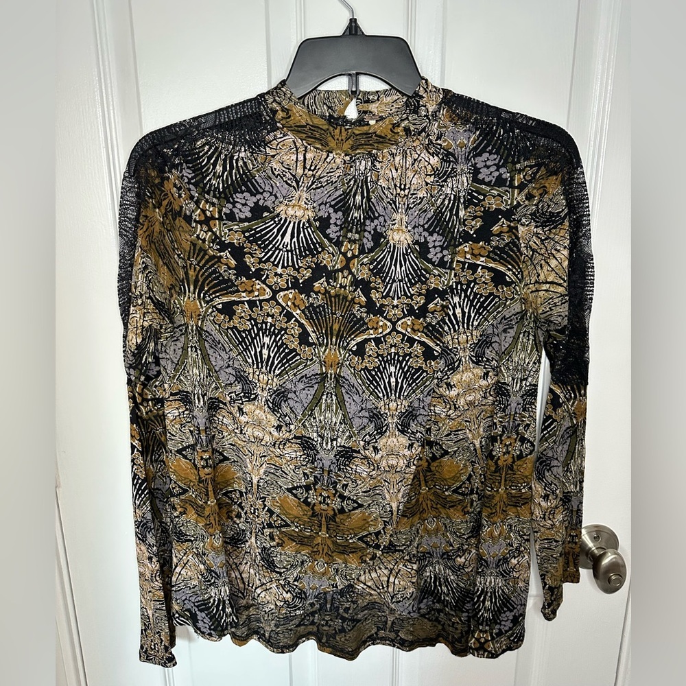 Free People Nouveau Drape Abstract Lace Sleeve Top Womens Small Brown Neutral